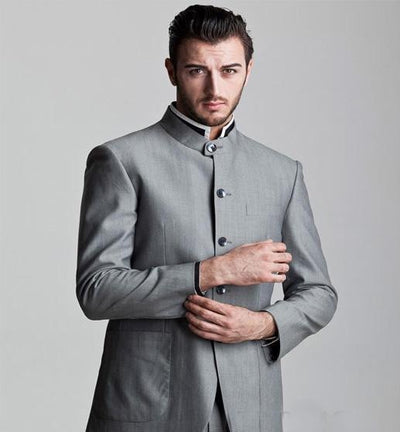 New Custom Five Button Gray Groom Tuxedo Stand Roud COllar  Groomsmen Men Wedding Bridegroom Suit (Jacket+Pants+tie)
