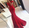 Formal Evening Gowns 2018 Lace Appliques Beaded Mermaid Red Long Prom Dresses Tulle Emerald Green Evening Dresses