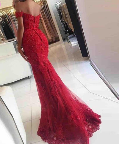 Formal Evening Gowns 2018 Lace Appliques Beaded Mermaid Red Long Prom Dresses Tulle Emerald Green Evening Dresses