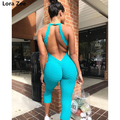 Hot Sale Gym Clothing Women Openback Yoga Sets  Hilt Booty Fitness Tracksuit Solid Blue Jumpsuit Female Sport Suits