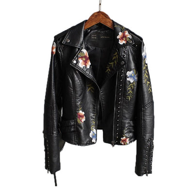 Women Floral Print Embroidery Faux Soft Leather Jacket Coat  Turn-down Collar Casual Pu Motorcycle Black Punk Outerwear