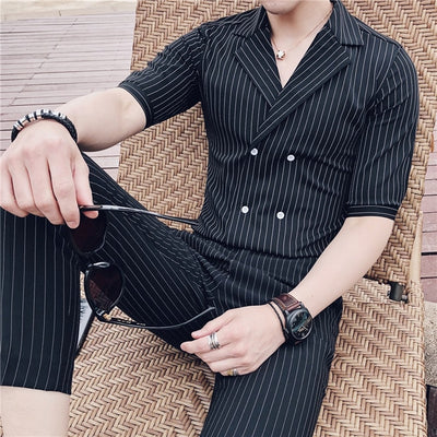 Double Breasted Suit Summer Costume Mariage Homme  Black White Grey Blue Stripe Suit Set Smoking Uomo Trajes De Hombre