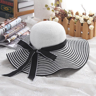 Hot Sale Fashion Hepburn Wind Black White Striped Bowknot Summer Sun Hat Beautiful Women Straw Beach Hat Large Brimmed Hat