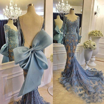 Abiye Sexy Long Mermaid Evening Dresses With Full Sleeves Backless Big Low Lace Evening Gowns Robe De Soiree Dubai Formal Dress