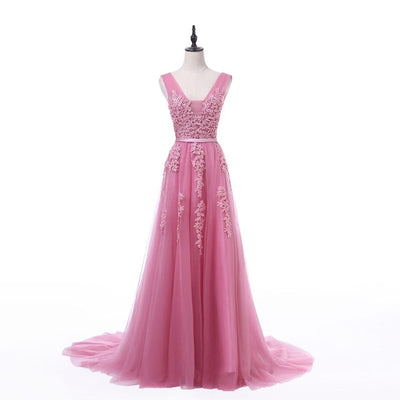 Vestido De Festa Sweet pink Lace V-neck Long Evening Dress Bride Party  Backless beads pearls Prom Dresses