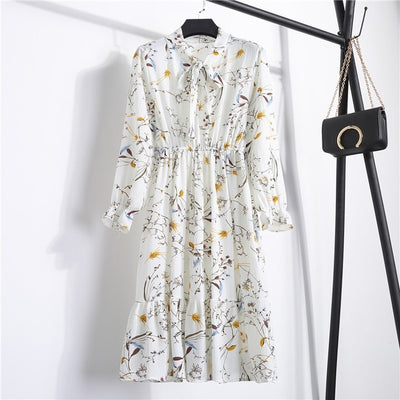 NIJIUDING Summer Autumn Chiffon Print Dress Casual Cute Women floral Long Bowknot Dresses Long Sleeve Vestido S-XL Size