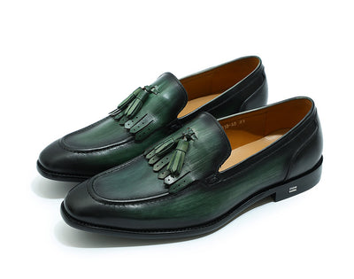 FELIX CHU Autumn Genuine Leather Handmade Black Green Mens Loafers With Tassel Man Dress Shoes Wedding Moccasin Party Footwear