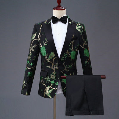 New Design Mens Stylish Embroidery Royal Blue Green Red Floral Pattern Suits Stage Singer Wedding Groom Tuxedo Costume