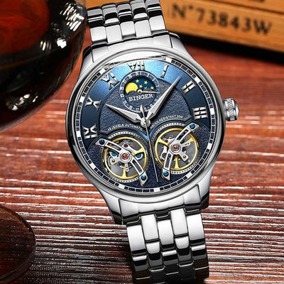 Double Tourbillon Switzerland Brands Watches BINGER Original Men's Automatic Watch Self-Wind Fashion Men Mechanical free shipping 6-11 days