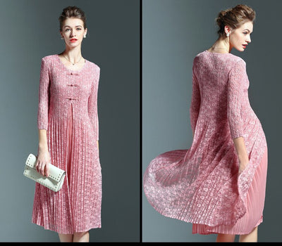 fitaylor Vintage Dress 2019 New Spring Summer Women Dress Chinese Style Elegant Lace Patchwork Slim O Neck Knee-length Dress