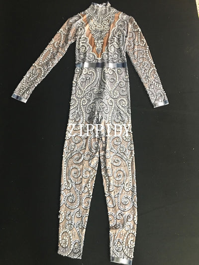 Fashion Gray Silver Rhinestones Jumpsuit long Sleeves Stretch Sexy Bodysuit Stage Performance Party Celebrate Nightlcub outfit
