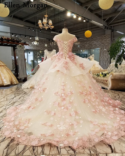 Elegant Pink Lace Princess Wedding Dresses 2019 African Black Girls Flowers Lace up Sheer Neck Puffy Ball Gowns Bridal Gowns
