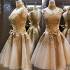 100% Real Images Gold Cocktail Dress Party Lace Dresses High Neck A-line Short Party Formal Gowns Custom Made