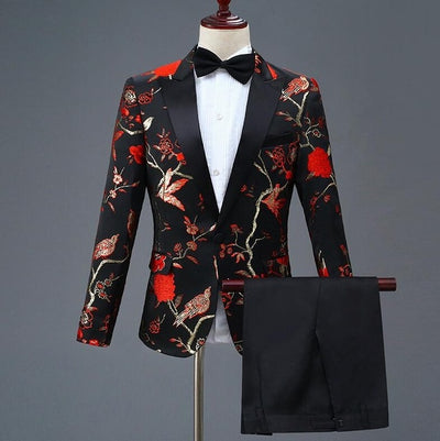 New Design Mens Stylish Embroidery Royal Blue Green Red Floral Pattern Suits Stage Singer Wedding Groom Tuxedo Costume