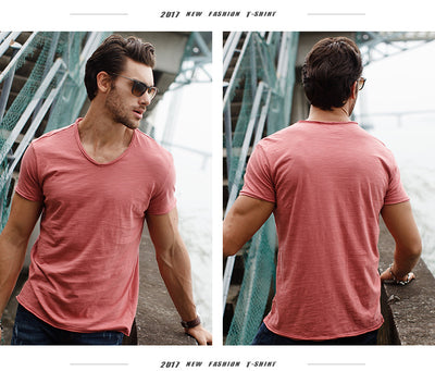 GustOmerD Brand T shirt Men's V-neck Slim Fit Pure Cotton T-shirt Fashion Short Sleeve T shirt Men's Tops Casual Tshirt M-XXL