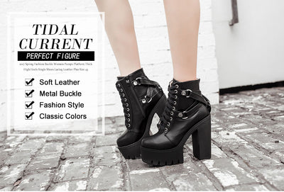 Gdgydh Fashion Black Boots Women Heel Spring Autumn Lace-up Soft Leather Platform Shoes Woman Party Ankle Boots High Heels