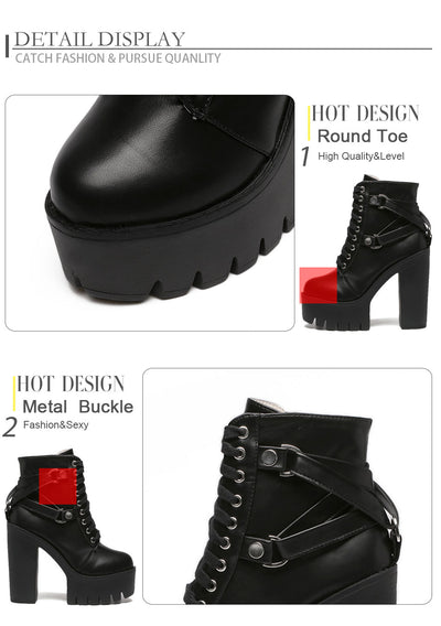 Gdgydh Fashion Black Boots Women Heel Spring Autumn Lace-up Soft Leather Platform Shoes Woman Party Ankle Boots High Heels