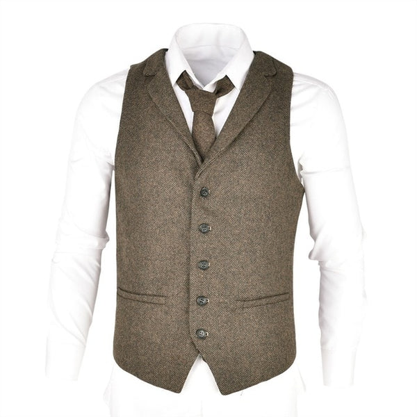 Woolen Tweed Suit Vest for Men Herringbone Slim Fit Premium Wool Blend ...