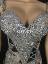 Shining Silver Sequins Rhinestone Dress Women Birthday Bright Sexy Costume Prom Celebrate Bling Mirrors Dresses Evening Outfit