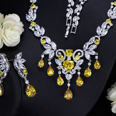 High Quality Yellow Cubic Zirconia African Luxury Tassel Drop Wedding Necklace Jewelry Sets For Brides