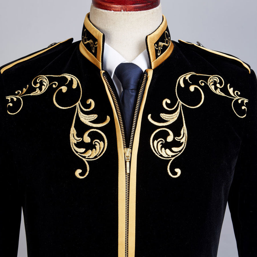 PYJTRL British Style Palace Prince Fashion Black Velvet Gold Embroidery Blazer Wedding Groom Slim Fit Suit Jacket Singers Coat