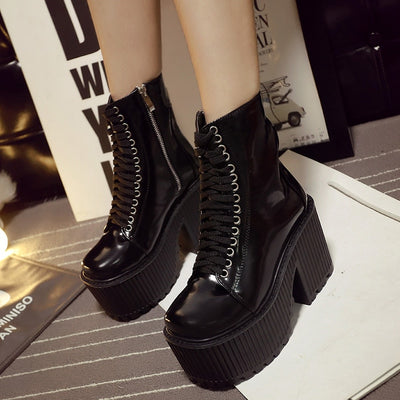 Gdgydh Fashion Ankle Boots For Women Platform Shoes Punk Gothic Style Rubber Sole Lace Up Black Spring Autumn Chunky Boots Woman