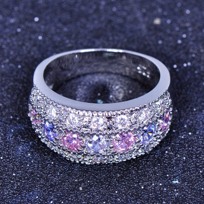 Bamos Boho Female Big Pink Purple Round Ring 925 Sterling Silver Filled CZ Stone Ring Vintage Party Wedding Rings For Women