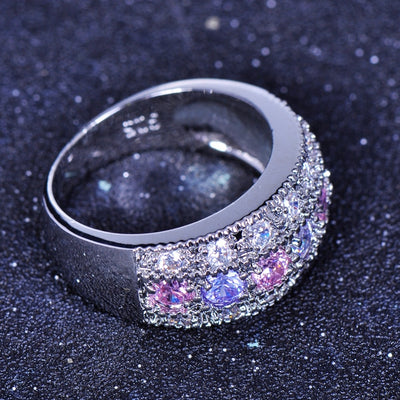 Bamos Boho Female Big Pink Purple Round Ring 925 Sterling Silver Filled CZ Stone Ring Vintage Party Wedding Rings For Women