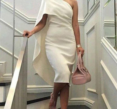 Ivory Satin Short Sheath Cocktail Dresses 2019 for Women Wear One Shoulder Knee Length Pleated