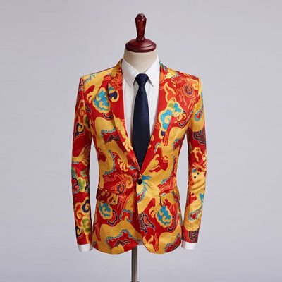 PYJTRL Tide Men Chinese Style Red Gold Dragon Design Casual Suit Jacket Plus Size Singer Costume Wedding Groom Prom Party Blazer