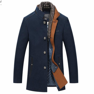 Winter Trench Coat Men Casual Thick Wool Overcoat Men's Stand Collar Woolen Coats With Detachable Scarf Parka Casaco Masculinos
