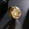 HIP Hop Iced Out Bling Gold Color Stainless Steel Ring Micro Paved Rhinestone Weed Maple leaf Rings for Men Jewelry