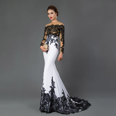 Long Sleeve Mermaid Evening Dresses Appliques black lace sweep train formal dress for Women