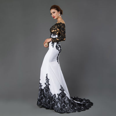Long Sleeve Mermaid Evening Dresses Appliques black lace sweep train formal dress for Women