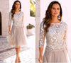 Silver Short Mother of the Bride Groom Lace Dresses 3/4 Long Sleeves Lace Tulle Knee Length for Summer Wedding Party Gowns 2019