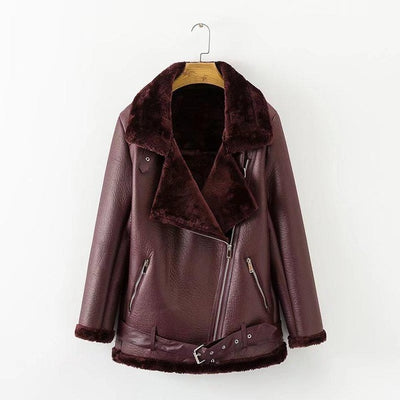 Fitaylor Winter Faux Lamb Leather Jacket Women Faux Leather Lambs Wool Fur Collar Suede Jacket Coats Female Warm Thick Outerwear