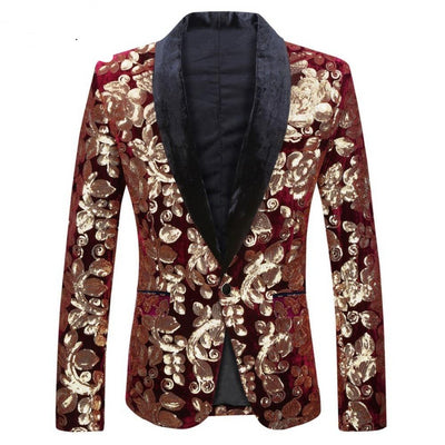 Male Fashion Shawl Lapel Wine Red Velvet Gold Flowers Sequins Blazer Plus Size 5XL Stage Clothes For Singers Suit Jacket