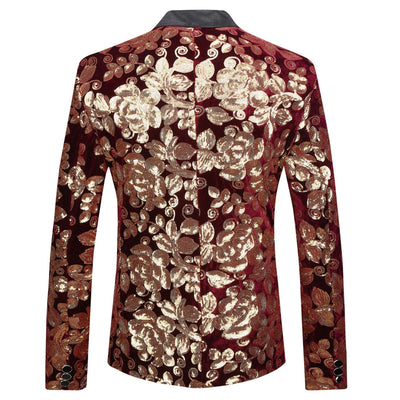 Male Fashion Shawl Lapel Wine Red Velvet Gold Flowers Sequins Blazer Plus Size 5XL Stage Clothes For Singers Suit Jacket