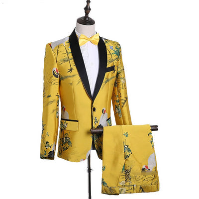 Mens Fashion Chinese Style God Yellow Embroidery Dress Suit Nightclub Singer Prom Grus Japonensis Tuxedo Clothes 2018