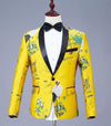 PYJTRL Mens Fashion Shawl Lapel Jacquard Red-crowned Crane Blazer Gold Yellow Party Singers Costume Wedding Groom Suit Jacket