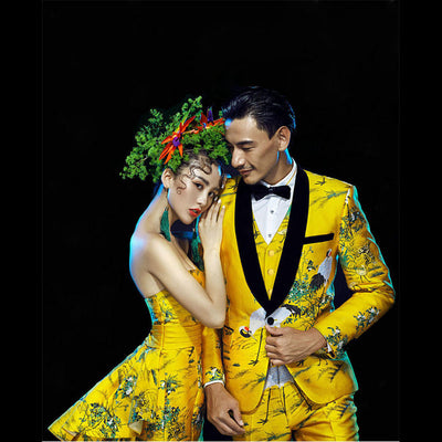 PYJTRL Mens Gold Yellow 4 Pieces Set Quality Red-crowned Crane Pattern Brocade Jacquard Suits Wedding Groom Tuxedo Stage Costume