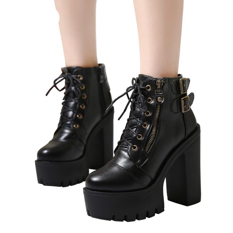 Gdgydh Hot Sale Russian Shoes Black Platform Boots Women Zipper Spring High Heels Shoes Lace Up Ankle Boots Leather Size 35-40