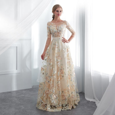 Dresses Walk Beside You Lace 3/4 Sleeves A-line Champagne Belt Empire Waist Long Evening Gowns