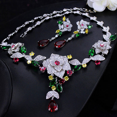 CWWZircons Luxury Micro Pave Cubic Zirconia Multicolour Big Flower Women Wedding Costume Necklace Jewelry Set