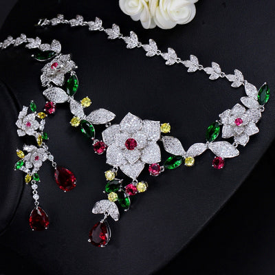 CWWZircons Luxury Micro Pave Cubic Zirconia Multicolour Big Flower Women Wedding Costume Necklace Jewelry Set