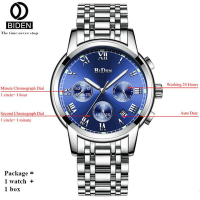 BIDEN Top Brand Luxury Chronograph Date Mens Watches Military Sport Male Clock Steel Strap Business Wrist Quartz Men Watch