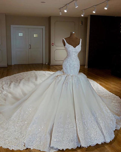 Luxury Abiye Mermaid Wedding Dresses Lace Bridal Gowns With Long Watteau Train Beaded Crystal Dubai Wedding Dress Casamento