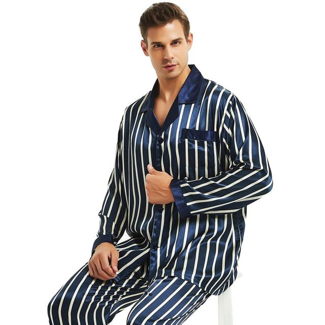 Mens Silk Satin Pajamas Set  Pyjamas Set PJS Sleepwear Loungewear  S ~ 4XL Striped