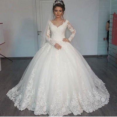 WD7305 New Romantic V-neck Elegant Princess Wedding Dress 2018 Long Sleeves Appliques Celebrity  Ball Gown vestido De Noiva