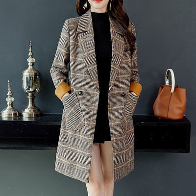 2018 Autumn Winter Wool Women Plaid Pockets Blends Office Work Long Coats Fashion Brand Lady Slim Lapel Long Sleeve Blends Sexy